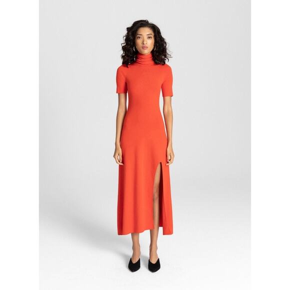 A.L.C. Caplan Turtleneck Short-Sleeve Slit-Front Dress Knit Midi Orange - Picture 2 of 6